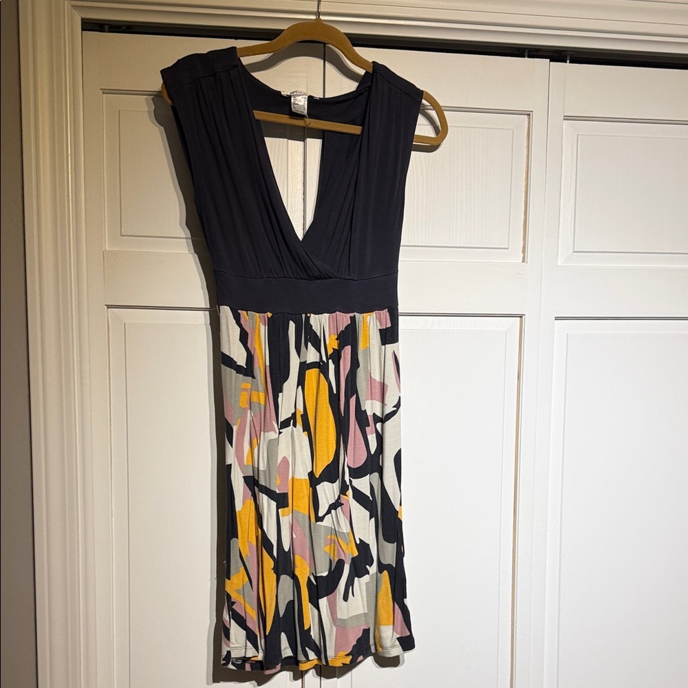 VENUS Navy Bodice Abstract Print Midi Dress with Yellow and Pink Accents